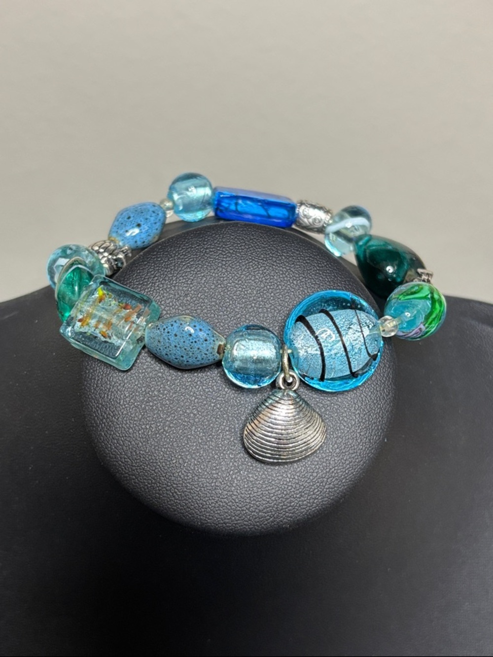 Blue Glass Bead Nautical Turtle Fish Shell Charm Stretch Bracelet Jewelry